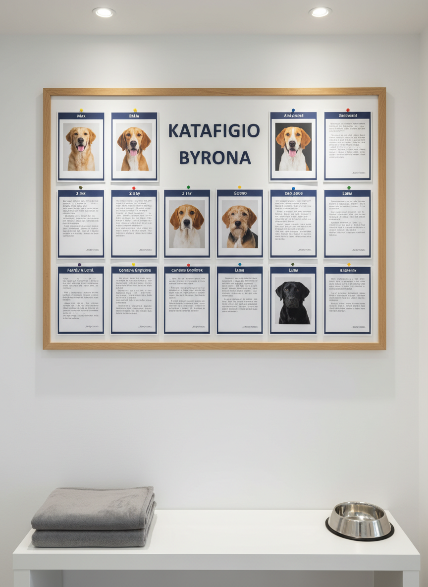 A clean, organized wall of the Katafigio Vyrona rescue center features a large, neatly mounted bulletin board with structured profiles of adoptable dogs: each profile includes a high-quality dog photo, name, age, and short description arranged in tidy columns on white paper with navy accents. Below the board, a low, minimalist white bench holds a single, neatly folded gray blanket and a stainless-steel dog bowl. The space is lit by soft, even overhead lighting that avoids harsh shadows, maintaining a corporate, professional atmosphere. Captured straight-on with sharp focus throughout, the composition emphasizes order and clarity. The overall mood is informative and trustworthy, with photographic realism, neutral tones, and a balanced layout that communicates transparency about each dog’s history and adoption details.