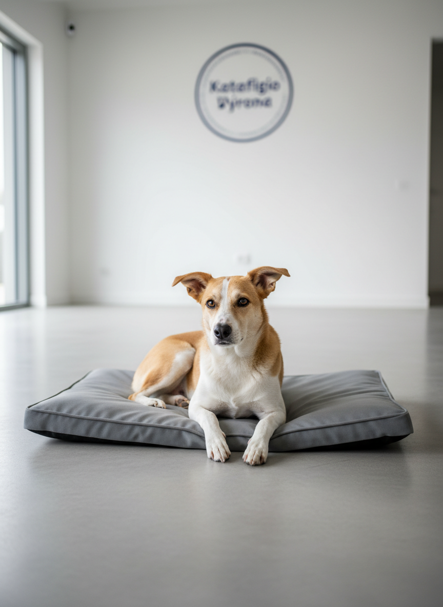 A calm, medium-sized mixed-breed dog with short tan and white fur lies comfortably on a neatly folded gray dog bed, its ears slightly perked and eyes gently alert. The bed is centered on a smooth, light concrete floor inside a modern rescue center lobby, with clean white walls and a simple navy-blue logo of “Katafigio Vyrona” blurred in the background. Soft, diffused daylight enters from large unseen windows, creating even illumination and subtle, crisp shadows beneath the dog. Shot at eye level with a shallow depth of field, the dog is in sharp focus while the background remains softly out of focus. The mood is professional yet warm, with a clean, corporate, photographic realism and a balanced, minimalist composition.