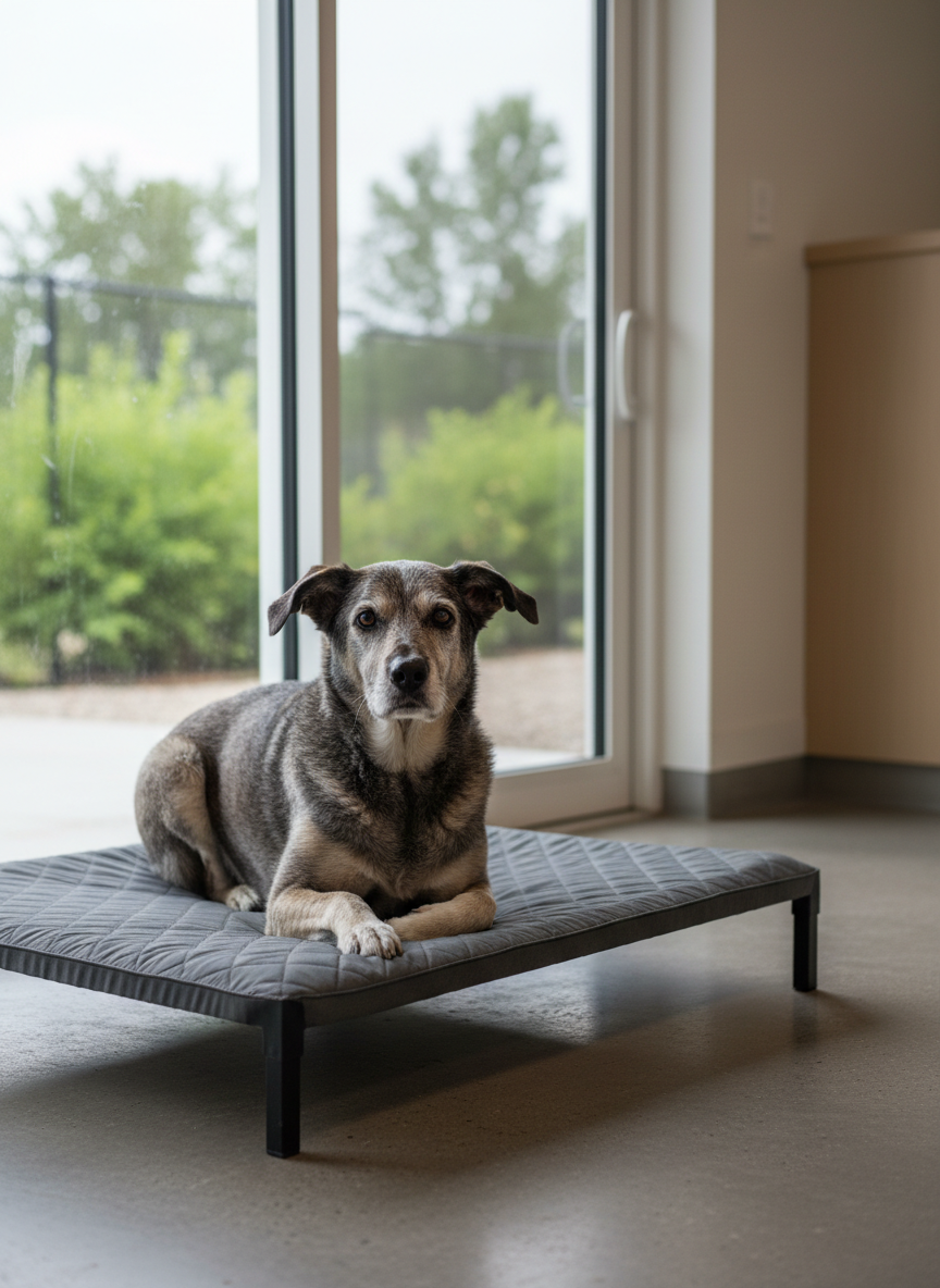A dignified senior rescue dog with salt-and-pepper fur sits comfortably on a structured orthopedic dog bed with a charcoal-gray cover and subtle stitching details, placed near a large glass door inside a minimal, corporate-style rescue facility. Outside the glass, an abstract blur of greenery suggests a secure outdoor exercise area. Soft overcast daylight filters through the door, creating a gentle, even glow across the dog’s fur and crisp reflections on the glass. Shot at eye level with the dog placed on the left third of the frame, the background remains softly defocused, emphasizing the dog’s calm expression. The mood is respectful, serene, and hopeful, with photographic realism, clean lines, and a neutral palette that underlines the center’s commitment to long-term care for older dogs.