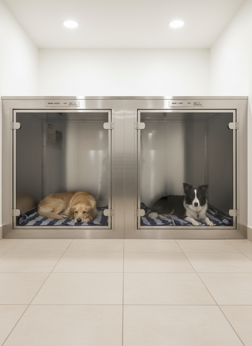 A pair of modern stainless-steel kennels with glass doors, each containing a calm, adoptable dog resting on a neatly arranged navy and gray blanket. The kennels are aligned along a spotless corridor with light beige tiles and white walls, each kennel labeled with a small, structured nameplate. Overhead, recessed ceiling lights cast soft, even illumination, creating small reflections on the glass doors and gentle shadows around the frames. The composition is shot from a slightly elevated angle, using a balanced, symmetrical layout that emphasizes order and care. The atmosphere feels organized, hygienic, and reassuring, with photographic realism and a neutral color palette that reflects a professional, corporate aesthetic suitable for a dog rescue center website.