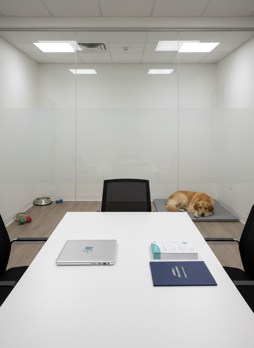 A sleek, glass-fronted office room inside the rescue center shows a minimalist meeting table with a closed laptop displaying a subtle paw-print logo on its lid, a stack of neatly arranged adoption brochures, and a navy-blue folder labeled “Adoption Agreement.” Through the slightly blurred glass, a calm dog rests in an adjacent room on a structured gray mat, surrounded by clean white walls and a stainless-steel water bowl. Soft natural daylight blends with discreet ceiling lighting, creating evenly distributed illumination and soft reflections on the glass partitions. Shot from a slightly elevated angle with a wide lens, the composition uses leading lines from the table edges and glass frames to guide the eye. The atmosphere is formal yet welcoming, with photographic realism and a corporate, neutral-toned aesthetic ideal for explaining the adoption process.