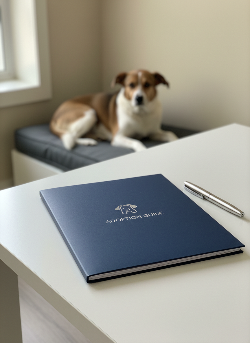 A close-up of a professional adoption information folder resting on a sleek white desk, accompanied by a polished metal pen and a small, minimalist dog-shaped logo embossed in silver on the folder’s navy-blue cover. In the softly blurred background, a relaxed, medium-sized dog lies on a structured gray cushion against a light, neutral wall. Natural daylight from a side window provides soft, directional lighting, creating clean highlights on the pen and subtle shadows along the folder’s edges. Captured from a slightly elevated, three-quarter angle, the image uses shallow depth of field to keep the focus on the folder while hinting at the dog in the distance. The atmosphere is calm, organized, and informative, with a clean, modern, photographic style that communicates professionalism in the adoption process.